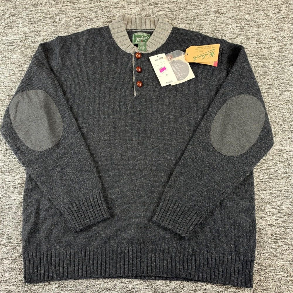 NWT Woolrich 9089 Sweater Mens XL Charcoal Wool Henley Elbow Patches